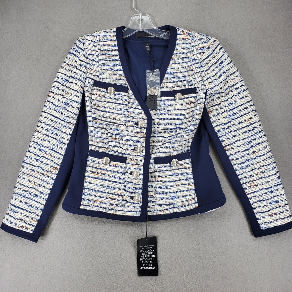 White House Black Market Tweed Jacket Womens 4 Navy Ecru Vnk Button Blazer NEW